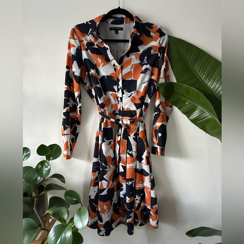 Banana Republic Belted Shirt Dress Navy and Orange Abstract Print Sz 4
